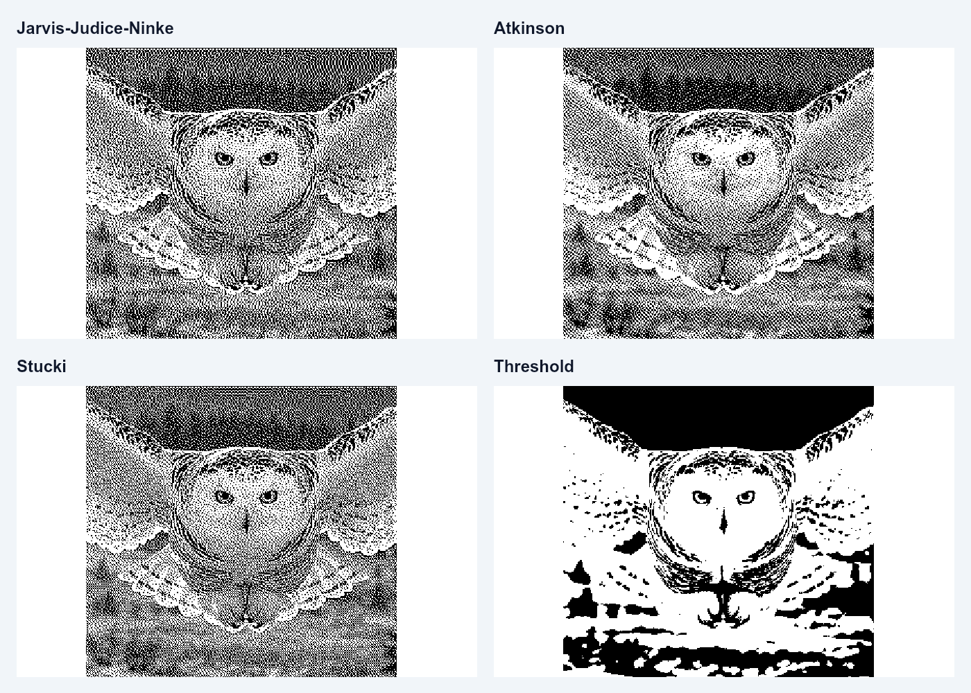 A magnified detail converted with Jarvis, Atkinson, Stucki and Threshold. These are actual studio algorithm outputs, shown at the same display scale.
