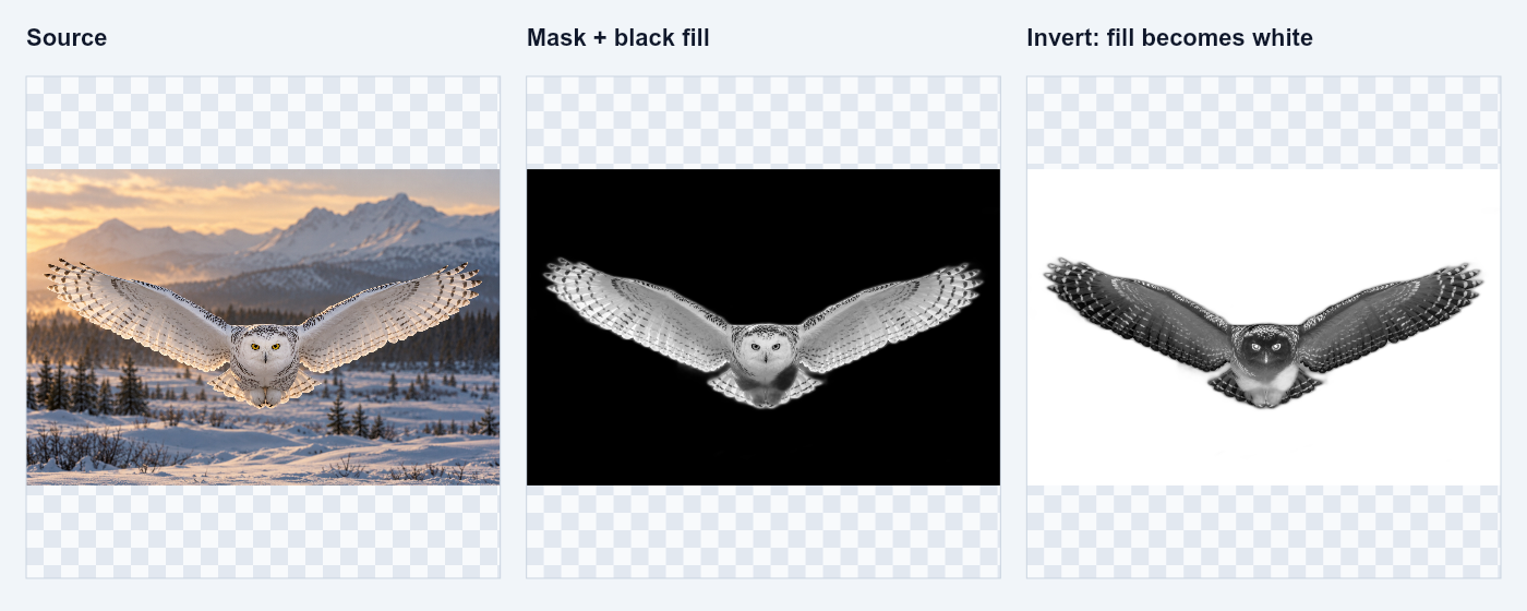 Mask example: source, masked subject on black, and the inverted rendering. This uses the bundled background-removal model on the generated owl; edges may need brush refinement.