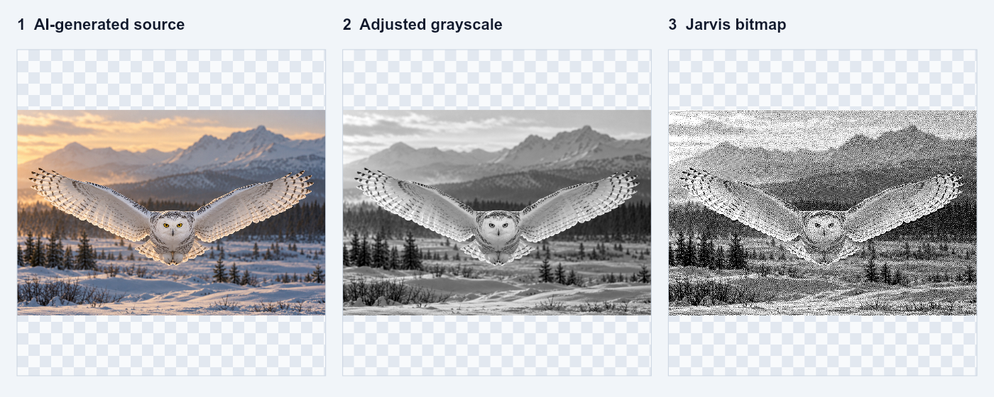 Actual processing example: the AI-generated source owl, adjusted grayscale, and Jarvis bitmap. Displayed thumbnails are reduced; inspect the full output at actual pixels.
